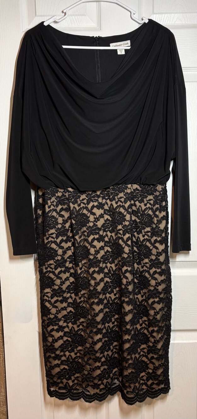 Coldwater Creek Black Long Sleeve Cowl Neck Ruched Top Lace Skirt Dress Size 16